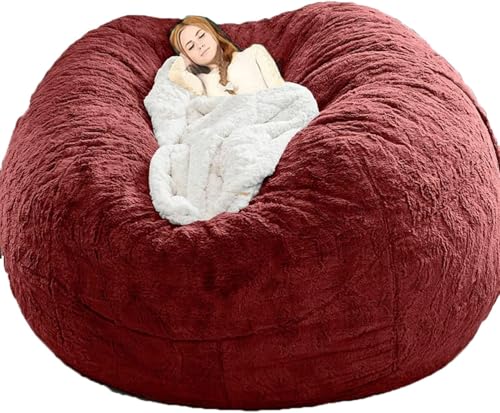 Riesiger Pelz-Sitzsack für Wohnzimmermöbel für Erwachsene, Flauschiger Kunstpelz-Sitzsack, großer runder, weicher, fauler Schlafsofabezug (Keine Polsterung) (Red, 7ft) von Generisch