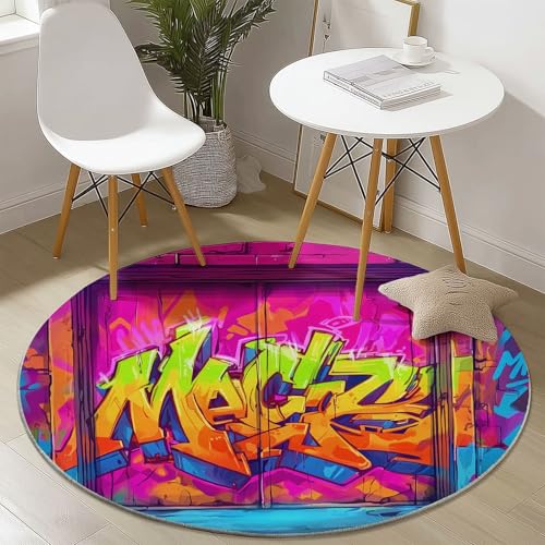 Generisch Rosa Runder Teppich 100 cm, rutschfest Waschbar Teppiche, Kurzflor Weich Runder Läufer Cartoon Graffiti Tür Muster, for Wohnzimmer Schlafzimmer Studie Heimbüro von Generisch