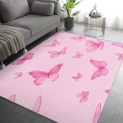 Generisch Rosa Schmetterling Teppich Wohnzimmer 240x340, Kurzflor Teppich Schlafzimmer Insekt Kokette Mädchen Kawaii Wohnzimmerteppich Groß, Weich Flanell - Antirutsch Carpet H-1 von Generisch