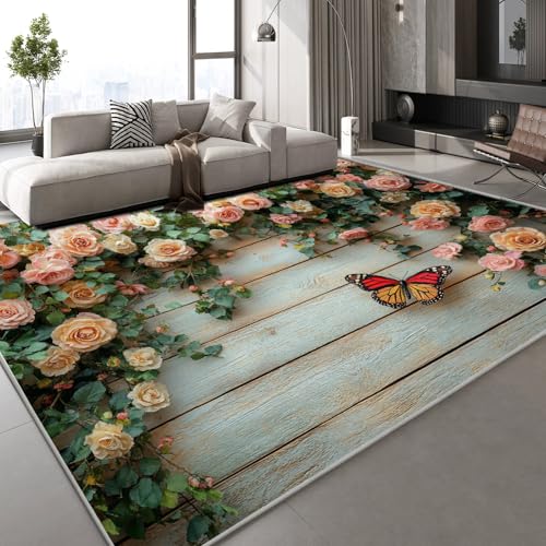 Generisch Rosen Schmetterlinge Teppich Kinderteppich Modern 3D Holz Natur Teppich Kinderzimmer Kurzflor Teppiche rutschfeste Spielteppiche für Schlafzimmer Wohnzimmer Zimmer 100x150 cm von Generisch