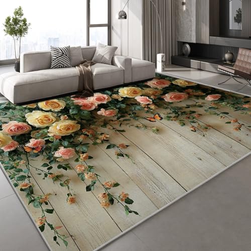 Generisch Rosen Schmetterlinge Teppich Kinderteppich Modern 3D Holz Natur Teppich Kinderzimmer Kurzflor Teppiche rutschfeste Spielteppiche für Schlafzimmer Wohnzimmer Zimmer 150x210 cm von Generisch
