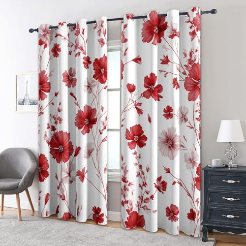 Generisch Rot Blumen Vorhänge Blickdicht Gardinen mit Ösen, Floral Deko Muster Wohnzimmer Schlafzimmer Fenster Verdunklungsvorhänge, H 260 x B 140 cm 2er Set (3c5-134) von Generisch