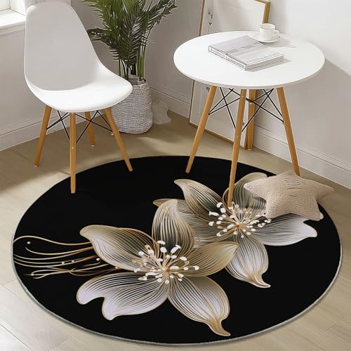 Generisch Rund Teppich Kurzflor Moderne Blumenlilie Design, ø 180 cm, waschbar Wohnzimmerteppich rutschfest, weich für Wohnzimmer Schlafzimmer Zuhause Büro, Schwarz Gold Generisch Rund Teppich Kurzflor Moderne Blumenlilie Design, ø 180 cm, waschbar Wohnzimmerteppich rutschfest, weich für Wohnzimmer Schlafzimmer Zuhause Büro, Schwarz Gold von Generisch