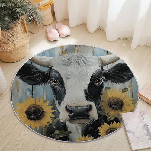 Generisch Rund Teppich Kurzflor Retro Bauernhaus Kuh Sonnenblume Design, ø 60 cm, waschbar Wohnzimmerteppich rutschfest, weich für Wohnzimmer Schlafzimmer Zuhause Büro, Hellgrün Generisch Rund Teppich Kurzflor Retro Bauernhaus Kuh Sonnenblume Design, ø 60 cm, waschbar Wohnzimmerteppich rutschfest, weich für Wohnzimmer Schlafzimmer Zuhause Büro, Hellgrün von Generisch