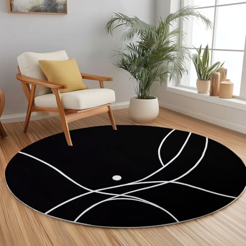 Generisch Rund Teppich Schlafzimmer Weiße Linien Minimalistisches Design Erwachsener Kind Wohnzimmer rutschfeste Flauschiger Waschbar Schwarz Flanell Rund Teppiche 120 cm von Generisch