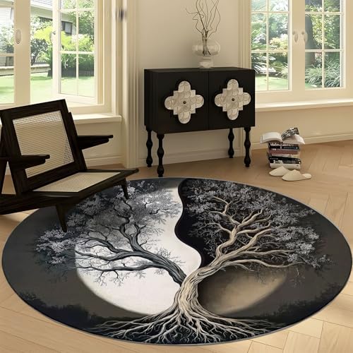 Generisch Rund Teppich Wohnzimmer Yin und Yang Lebensbaum 100 cm Rund Teppich- Küche Jugendzimmer Esszimmer Flur und Schlafzimmer Rund Teppich Kurzflor Rund Teppich Extra Weich Pflegeleicht von Generisch