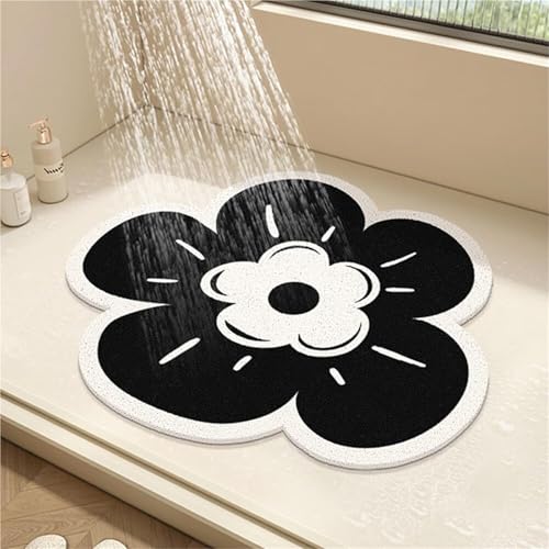 Generisch Runde Duschmatte Aus PVC Mit Blumendesign rutschfeste Badematte Mit Abflusslöchern, Schnelltrocknende Badezimmer-Bodenmatte Mit Luffa-Textur for Duschen(Black,100x100cm) von Generisch