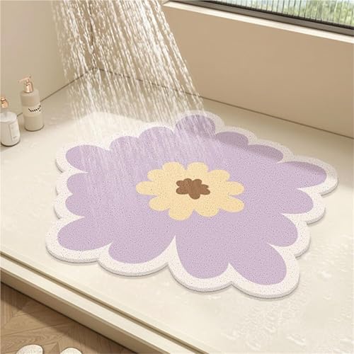 Generisch Runde Duschmatte Aus PVC Mit Blumendesign rutschfeste Badematte Mit Abflusslöchern, Schnelltrocknende Badezimmer-Bodenmatte Mit Luffa-Textur for Duschen(Purple,80x80cm) von Generisch
