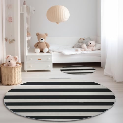 Generisch Runde Teppiche für Wohnzimmer 60 cm - Minimalismus Linien Streifen Drucken Flauschig Weich Flanell Runder Teppich, Schwarz Weiß Abwaschbar rutschfest Teppiche für Kinderzimmer von Generisch