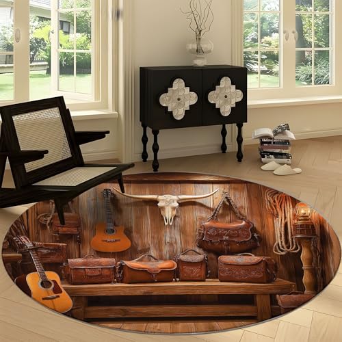 Generisch Runder Rutschfester Teppich 60 cm, Western Cowboy Gitarre Waschbarer Runder Teppich - Weicher Retro Stil Läufer für Küche Waschraum Wohnzimmer Esszimmer von Generisch