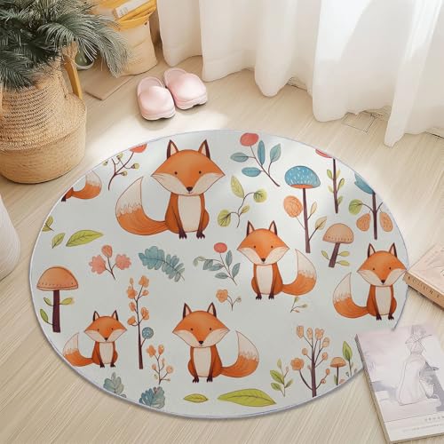 Generisch Runder Teppich 100 cm, Cartoon Fuchs Pflanzen Waschbar rutschfest Runde Teppiche, Weiß langlebig kein Ausfallen Teppich für Eingangsbereich Wohnzimmer Schlafzimmer Küche Bodenmatte von Generisch