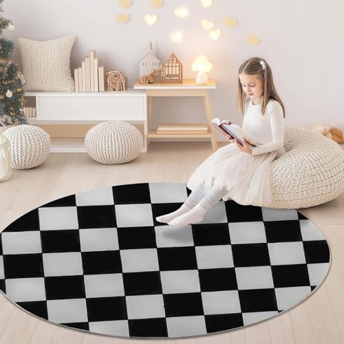 Generisch Runder Teppich 100 cm Waschbare mit Rutschfester Unterseite, Schwarz Weiß Kurzflor Nicht Leicht zu Verblassen, Abstrakt Design Kariert Thema Rund Teppiche für Schlafzimmer Heimdekoration von Generisch