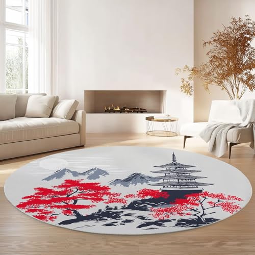 Generisch Runder Teppich 120 cm Waschbar Kurzflor, Japanische Pagode Roter Baum Teppich rutschfest Wohnzimmer Rund Teppiche pflegeleicht für Schlafzimmer Esszimmer Kinderzimmer, Grau Generisch Runder Teppich 120 cm Waschbar Kurzflor, Japanische Pagode Roter Baum Teppich rutschfest Wohnzimmer Rund Teppiche pflegeleicht für Schlafzimmer Esszimmer Kinderzimmer, Grau von Generisch