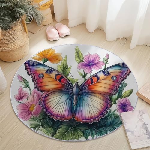 Generisch Runder Teppich 180 cm Waschbar Kurzflor, Aquarell Schmetterlinge Blumen Teppich rutschfest Wohnzimmer Rund Teppiche pflegeleicht für Schlafzimmer Esszimmer Kinderzimmer, Bunt von Generisch