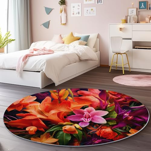 Generisch Runder Teppich 60 cm, Blumen Orchidee Lilie Teppich Rund Bunt fürs Schlafzimmer, Esszimmer oder Kinderzimmer - rutschfest Waschbar Pflegeleicht Teppiche Wohnzimmer Rund von Generisch