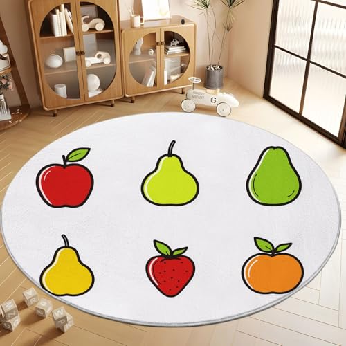 Generisch Runder Teppich 60 cm Home Waschbarer Kurzflor Runde Teppiche Grafikdesign Frucht-Icons, Modernes Wohnzimmer Schlafzimmer Weiß Korridor Weicher Rutschfester Runder Teppich Büro Bereich Dekor von Generisch