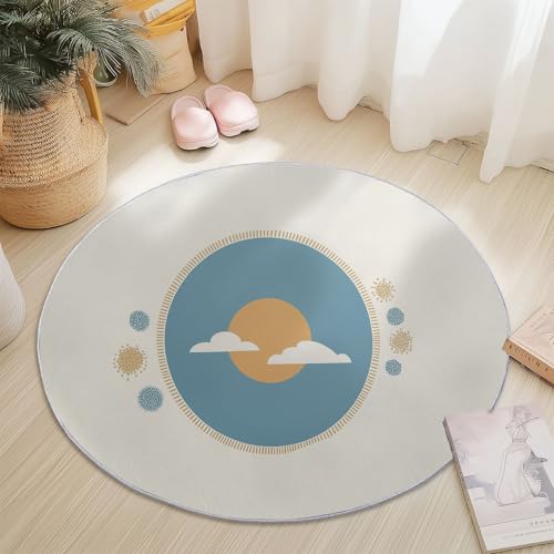 Generisch Runder Teppich Beige, Antirutschunterlage Waschbar Mit Bedruckter Einfach Sonne Wolken für Schlafzimmer, Flur Wohnzimmer Couchtisch Fußmatten, 180 cm von Generisch