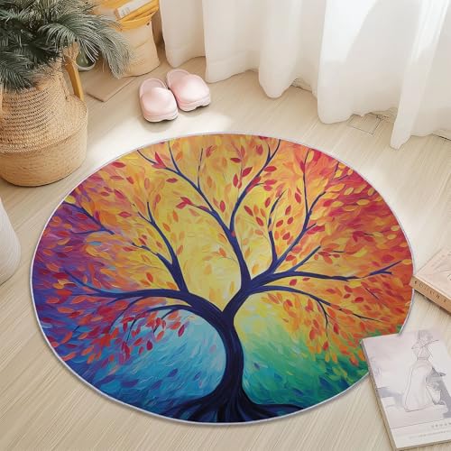 Generisch Runder Teppich Bunt, Antirutschunterlage Waschbar Mit Bedruckter Abstraktes Ölgemälde Baum des Lebens für Schlafzimmer, Flur Wohnzimmer Couchtisch Fußmatten, 180 cm von Generisch