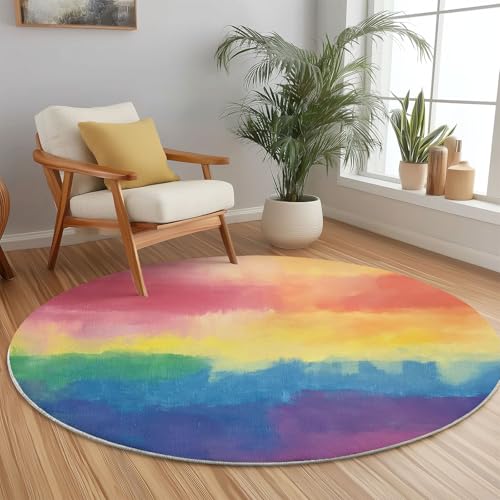 Generisch Runder Teppich Bunt, Antirutschunterlage Waschbar Mit Bedruckter Bunte abstrakte Strichzeichnung für Schlafzimmer, Flur Wohnzimmer Couchtisch Fußmatten, 120 cm von Generisch