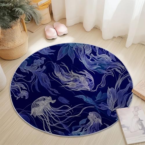 Generisch Runder Teppich Dunkelblau, Antirutschunterlage Waschbar Mit Bedruckter Fantasy-Tiefsee-Kreaturen-Linie für Schlafzimmer, Flur Wohnzimmer Couchtisch Fußmatten, 60 cm Generisch Runder Teppich Dunkelblau, Antirutschunterlage Waschbar Mit Bedruckter Fantasy-Tiefsee-Kreaturen-Linie für Schlafzimmer, Flur Wohnzimmer Couchtisch Fußmatten, 60 cm von Generisch