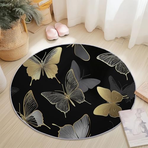 Generisch Runder Teppich Eleganter Schmetterling Muster 100 cm, Waschbar Schwarz Gold Kurzflor Teppiche für Wohnzimmer Schlafzimmer Esszimmer Kinderzimmer Flur rutschfest von Generisch