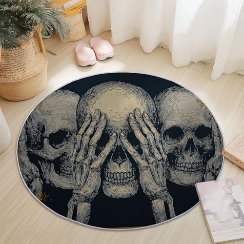 Generisch Runder Teppich Grau, Antirutschunterlage Waschbar Mit Bedruckter Vintage Digitale Schädelkunst für Schlafzimmer, Flur Wohnzimmer Couchtisch Fußmatten, 180 cm von Generisch