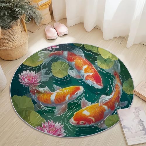 Generisch Runder Teppich Grün, Antirutschunterlage Waschbar Mit Bedruckter Ölgemälde Koi Lotus für Schlafzimmer, Flur Wohnzimmer Couchtisch Fußmatten, 60 cm Generisch Runder Teppich Grün, Antirutschunterlage Waschbar Mit Bedruckter Ölgemälde Koi Lotus für Schlafzimmer, Flur Wohnzimmer Couchtisch Fußmatten, 60 cm von Generisch