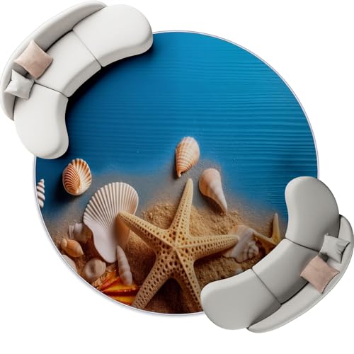 Generisch Runder Teppich Kurzflor 180 cm - Natur Strand Seesterne Muschellinien Bedruckt rutschfest farbfest Dekoteppich für Wohnzimmer Esszimmer Kinderzimmer Büro, Blau von Generisch