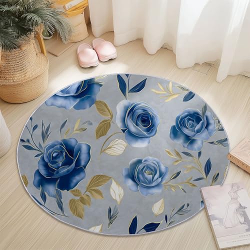 Generisch Runder Teppich Marineblau, Antirutschunterlage Waschbar Mit Bedruckter Aquarell Blumen Rosen für Schlafzimmer, Flur Wohnzimmer Couchtisch Fußmatten, 90 cm von Generisch