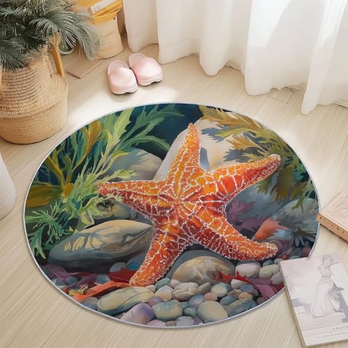Generisch Runder Teppich Orange, Antirutschunterlage Waschbar Mit Bedruckter Aquarell Seesterne Seetang für Schlafzimmer, Flur Wohnzimmer Couchtisch Fußmatten, 90 cm von Generisch