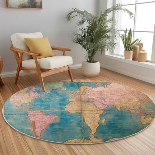Generisch Runder Teppich Rosa Cyan, Antirutschunterlage Waschbar Mit Bedruckter Alte Karte Seelandschaft für Schlafzimmer, Flur Wohnzimmer Couchtisch Fußmatten, 60 cm von Generisch