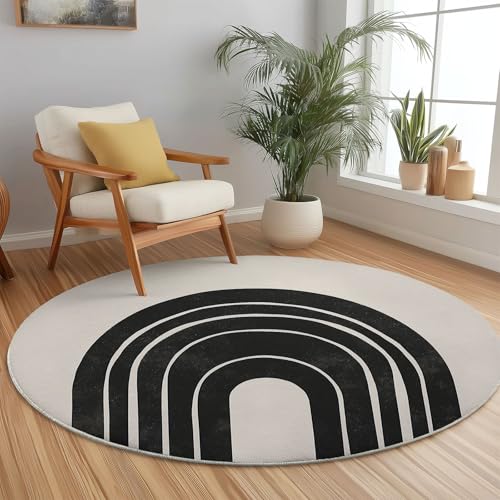 Generisch Runder Teppich Schwarz Beige, Antirutschunterlage Waschbar Mit Bedruckter Einfaches Design mit Regenbogenlinie für Schlafzimmer, Flur Wohnzimmer Couchtisch Fußmatten, 90 cm von Generisch