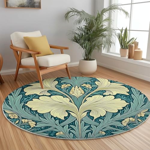 Generisch Runder Teppich Türkis Beige, Antirutschunterlage Waschbar Mit Bedruckter Blumenkarte im Morris-Stil für Schlafzimmer, Flur Wohnzimmer Couchtisch Fußmatten, 60 cm von Generisch