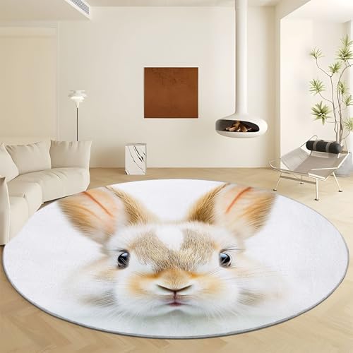 Runder Teppich Wohnzimmer 150 cm Kurzflor Carpet Schlafzimmer Groß Runde Teppich Cartoon-Kaninchen, Wohnzimmerteppich Waschbar rutschfest für Wohnzimmer Esszimmer, Weiß von Generisch