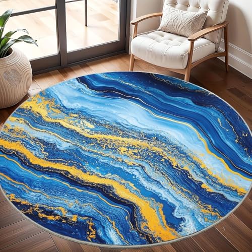 Generisch Runder Waschbar rutschfest Teppiche Goldmarmorstruktur Teppich Rund 100cm Blau Kurzflor Weicher Fußmatten fürs Wohnzimmer, Kinderzimmer, Schlafzimmer und die Küche von Generisch