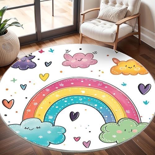 Generisch Runder Waschbar rutschfest Teppiche Regenbogen-Wolkenmuster Teppich Rund 80cm Bunt Kurzflor Weicher Fußmatten fürs Wohnzimmer, Kinderzimmer, Schlafzimmer und die Küche von Generisch