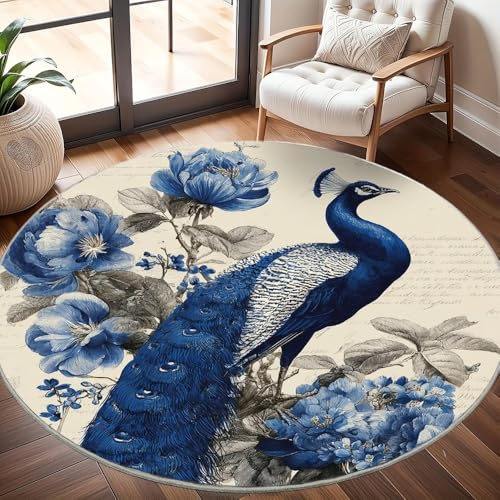 Generisch Runder Waschbar rutschfest Teppiche Retro Pfauenmuster Teppich Rund 120cm Retro-Stil Kurzflor Weicher Fußmatten fürs Wohnzimmer, Kinderzimmer, Schlafzimmer und die Küche von Generisch