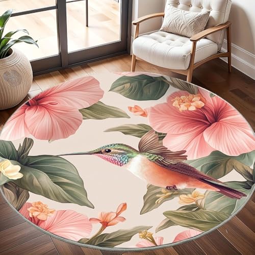Generisch Runder Waschbar rutschfest Teppiche Tropischer Blumendruck Teppich Rund 120cm Tierkolibri Kurzflor Weicher Fußmatten fürs Wohnzimmer, Kinderzimmer, Schlafzimmer und die Küche von Generisch