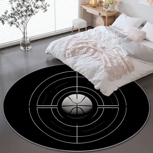 Generisch Runder Wohnzimmer Teppich 120 cm, Indoor Rutschfester Sport Minimalistisch Basketball Maschinenwaschbar Teppiche für Kinder & Haustiere - Schwarz Faltbarer Nicht haarender Teppich von Generisch