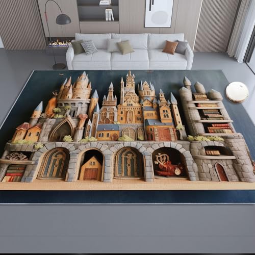Generisch Rutschfester Teppich 120 x 180 cm, Waschbar Kurzflor Teppich mit Retro Schloss Turm Motiv - Bunt Drucke Faltbare weiche Teppiche für Kinderzimmer Wohnzimmer MatteEingangsbereich von Generisch