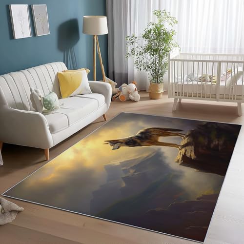 Generisch Rutschfester Teppich 160 x 230 cm, Waschbar Kurzflor Teppich mit Tier Klippe Wolf Wolken Motiv - Grau Drucke Faltbare weiche Teppiche für Kinderzimmer Wohnzimmer MatteEingangsbereich von Generisch