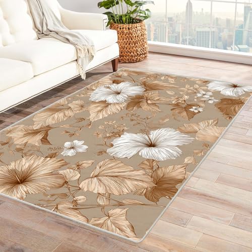 Generisch Rutschfester Teppich Braune weiße Blume neutraler,weicher,dünner,großer Teppich,für Schlafzimmer,Wohnzimmer,Badezimmer unter dem Esstisch,Heimbüro-Dekor(Braun)-240x300cm von Generisch