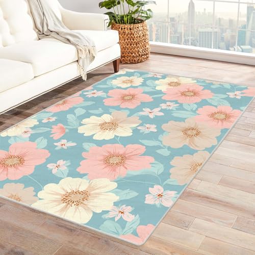 Generisch Rutschfester Teppich Frische Blumen Muster neutraler,weicher,dünner,großer Teppich,für Schlafzimmer,Wohnzimmer,Badezimmer unter dem Esstisch,Heimbüro-Dekor(Rosa)-210x300cm von Generisch