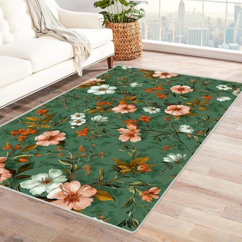 Generisch Rutschfester Teppich Frische Blumen Muster neutraler,weicher,dünner,großer Teppich,für Schlafzimmer,Wohnzimmer,Badezimmer unter dem Esstisch,Heimbüro-Dekor(Rosa)-90x120cm von Generisch