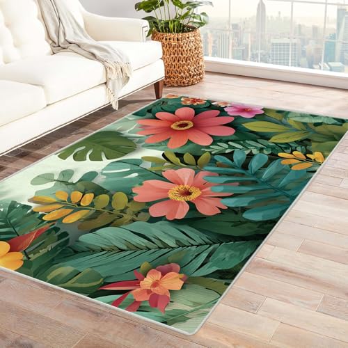 Generisch Rutschfester Teppich Tropische Blumen Muster neutraler,weicher,dünner,großer Teppich,für Schlafzimmer,Wohnzimmer,Badezimmer unter dem Esstisch,Heimbüro-Dekor(Grün)-60x90cm von Generisch