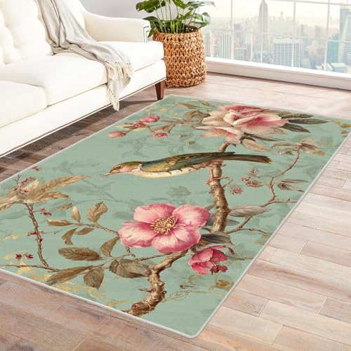 Generisch Rutschfester Teppich Vintage Vogelmuster neutraler,weicher,dünner,großer Teppich,für Schlafzimmer,Wohnzimmer,Badezimmer unter dem Esstisch,Heimbüro-Dekor(Rosa)-210x270cm von Generisch