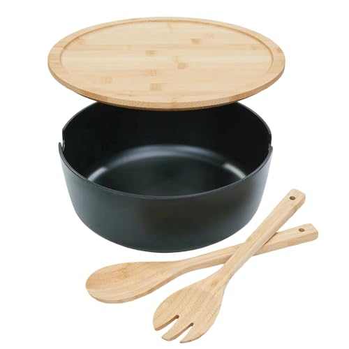 Generisch Salat Servierschüssel - Große Schüsseln zum Servieren mit Deckel - Holz Servierschale mit Löffel und Gabel für Haushalt Küche Müsli Obst Snack Mixen Kochen Zubereiten Pasta Mittag von Generisch