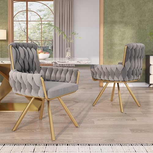 Generisch Samt-Esszimmerstuhl, 2er Set, Sessel, einzelner luxuriöser Wohn- und Schlafzimmer-Drehstuhl, Freizeit-Drehstuhl mit Vier Stützbeinen aus Metall, grau von Generisch