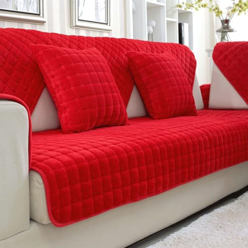 Generisch Samt Sofabezug 1 2 3 4 Sitzer, Hund Katze Sofaschoner Antirutsch Couch überzug L Form, Weiche Sofa überzug Ecksofa Sofa-Schutzhülle Mit Rutschfester Unterlage,Rot,70x120cm von Generisch