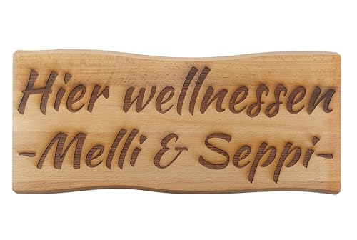 Generisch Sauna Schild Holz Buche Massiv 38 x 17 cm Kelo Deko Holzschild (Hier Wellnessen Wunschnamen) von Generisch